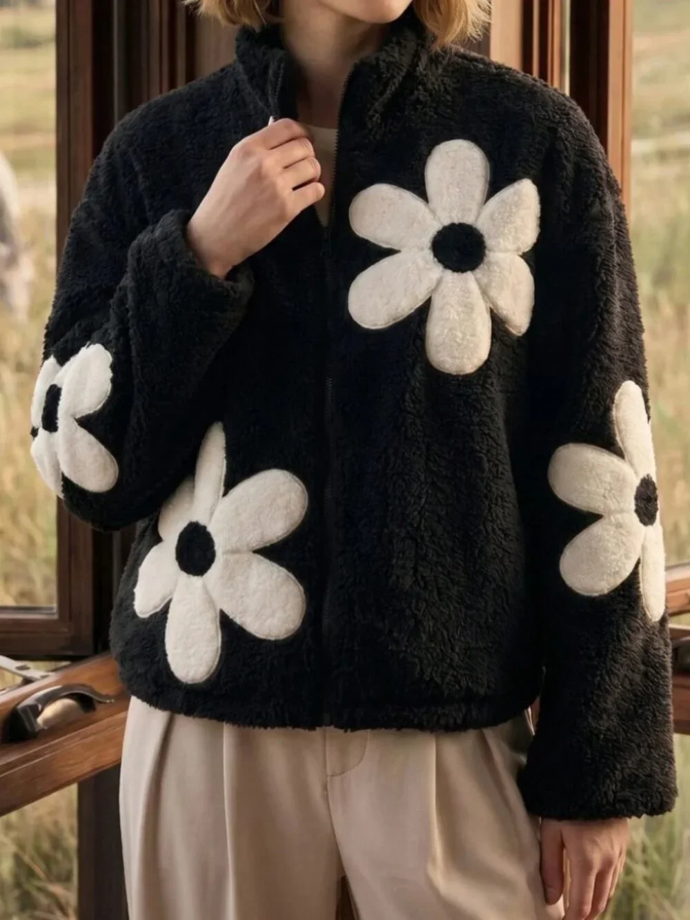 Black Fuzzy Daisy Applique Zip Front Teddy Jacket